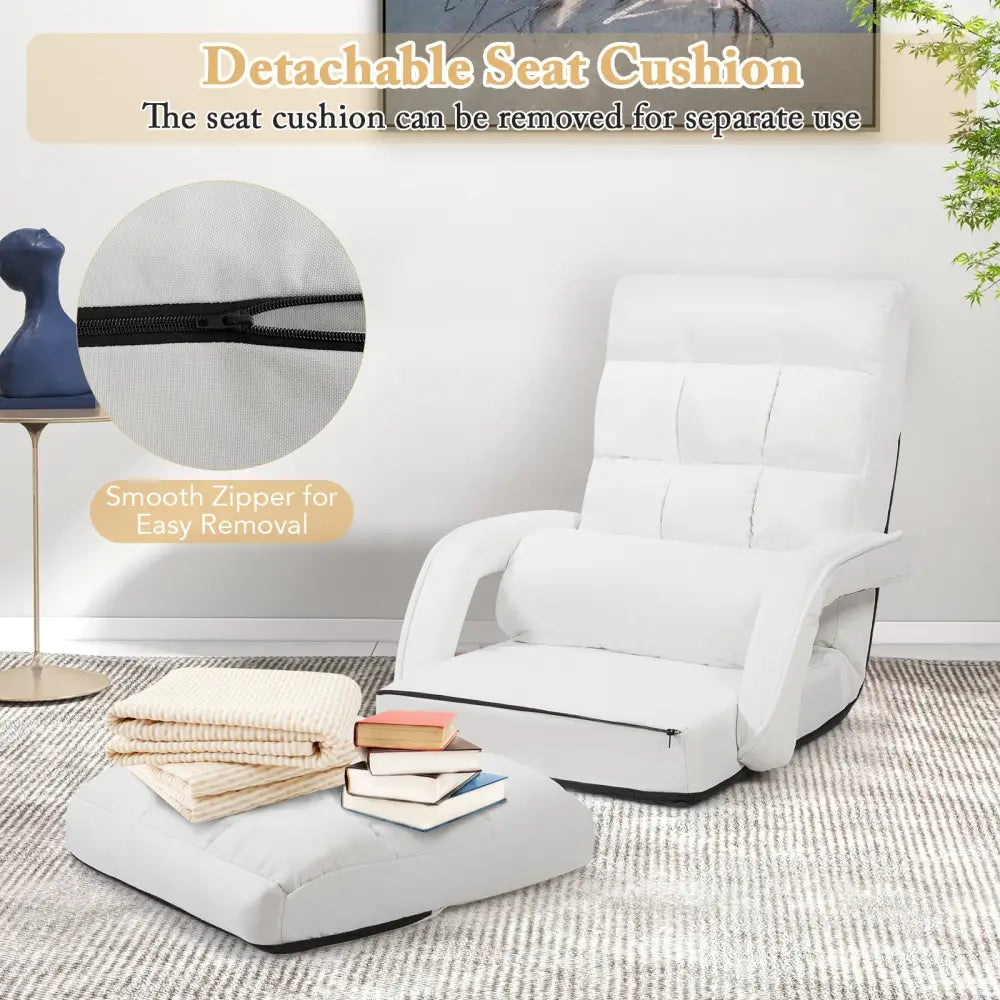 Folding Lazy Floor Chair Sofa with 6 Adjustable Position-White - White - Floor Chairs
