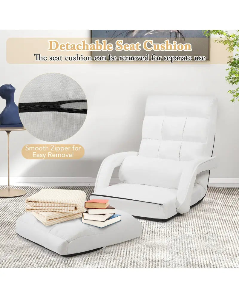 Folding Lazy Floor Chair Sofa with 6 Adjustable Position-White - White - Floor Chairs