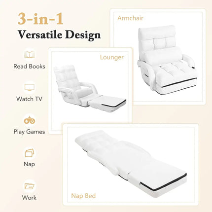 Folding Lazy Floor Chair Sofa with 6 Adjustable Position-White - White - Floor Chairs