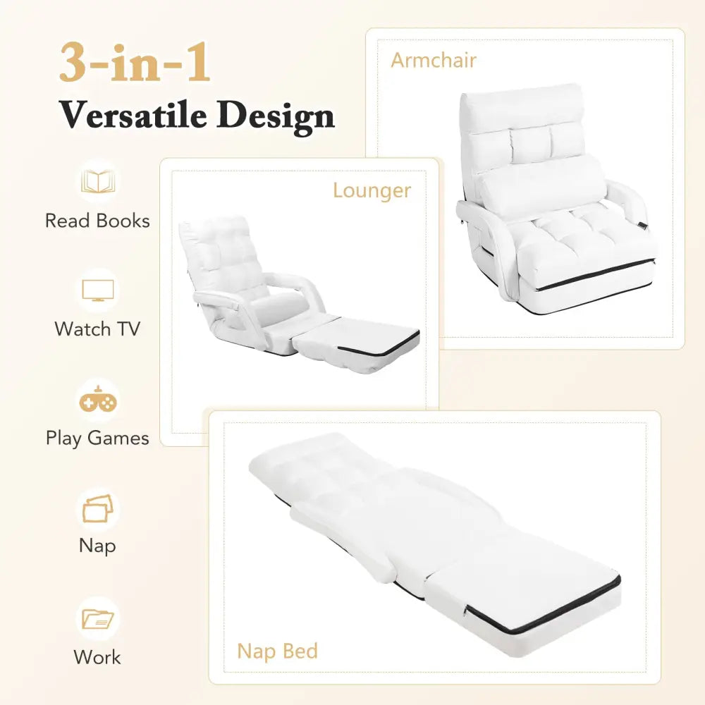 Folding Lazy Floor Chair Sofa with 6 Adjustable Position-White - White - Floor Chairs