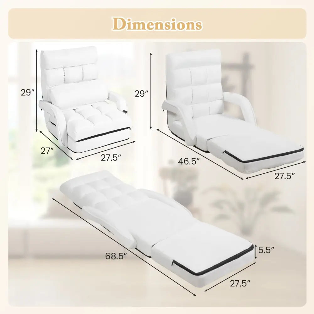 Folding Lazy Floor Chair Sofa with 6 Adjustable Position-White - White - Floor Chairs
