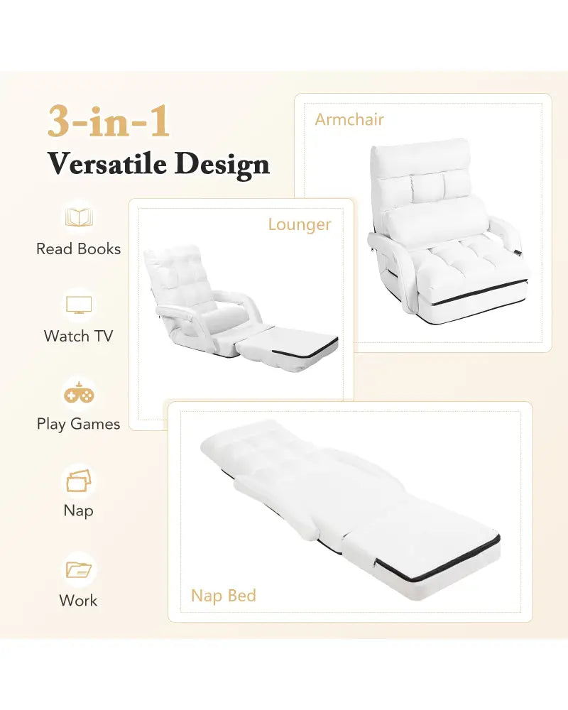 Folding Lazy Floor Chair Sofa with 6 Adjustable Position-White - White - Floor Chairs