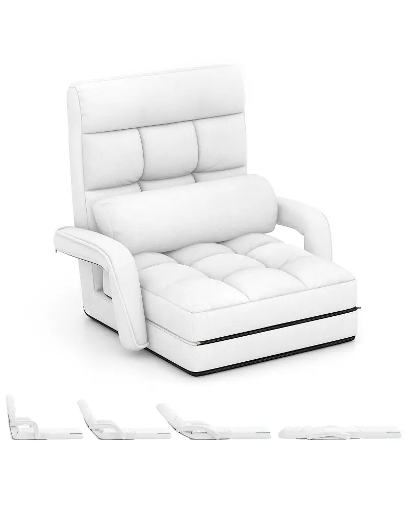 Folding Lazy Floor Chair Sofa with 6 Adjustable Position-White - White - Floor Chairs