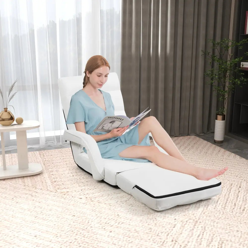 Folding Lazy Floor Chair Sofa with 6 Adjustable Position-White - White - Floor Chairs
