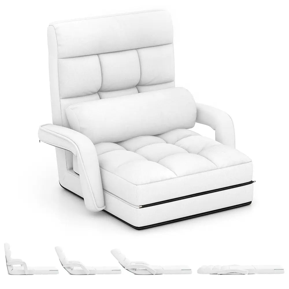 Folding Lazy Floor Chair Sofa with 6 Adjustable Position-White - White - Floor Chairs