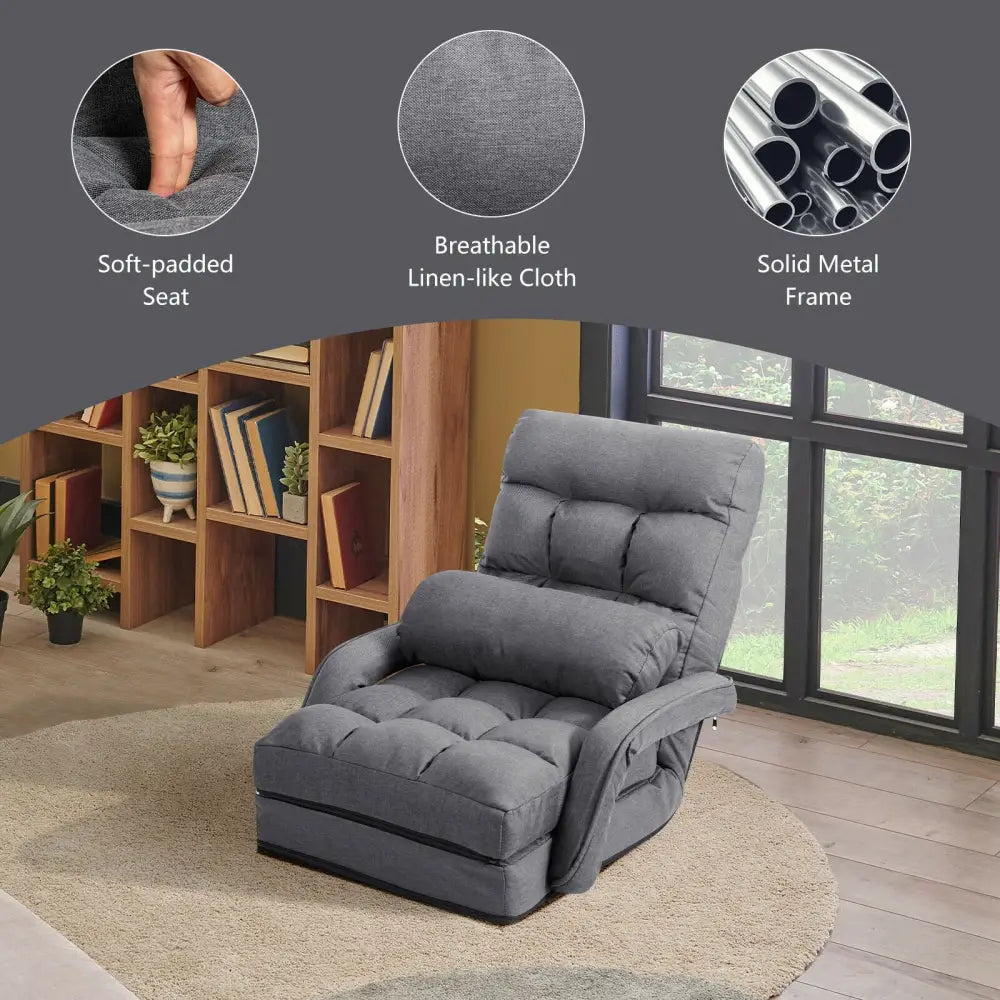 Folding Lazy Floor Chair Sofa with Armrests and Pillow-Gray - Gray - Floor Chairs