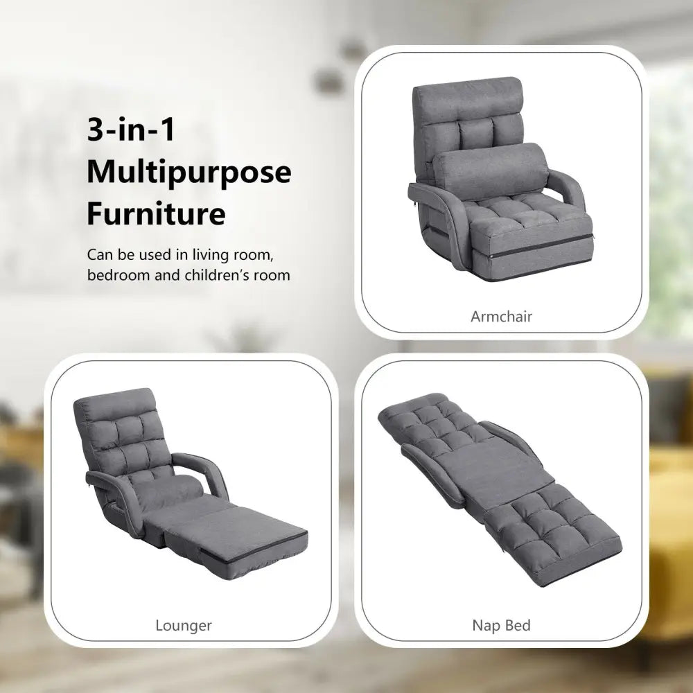 Folding Lazy Floor Chair Sofa with Armrests and Pillow-Gray - Gray - Floor Chairs