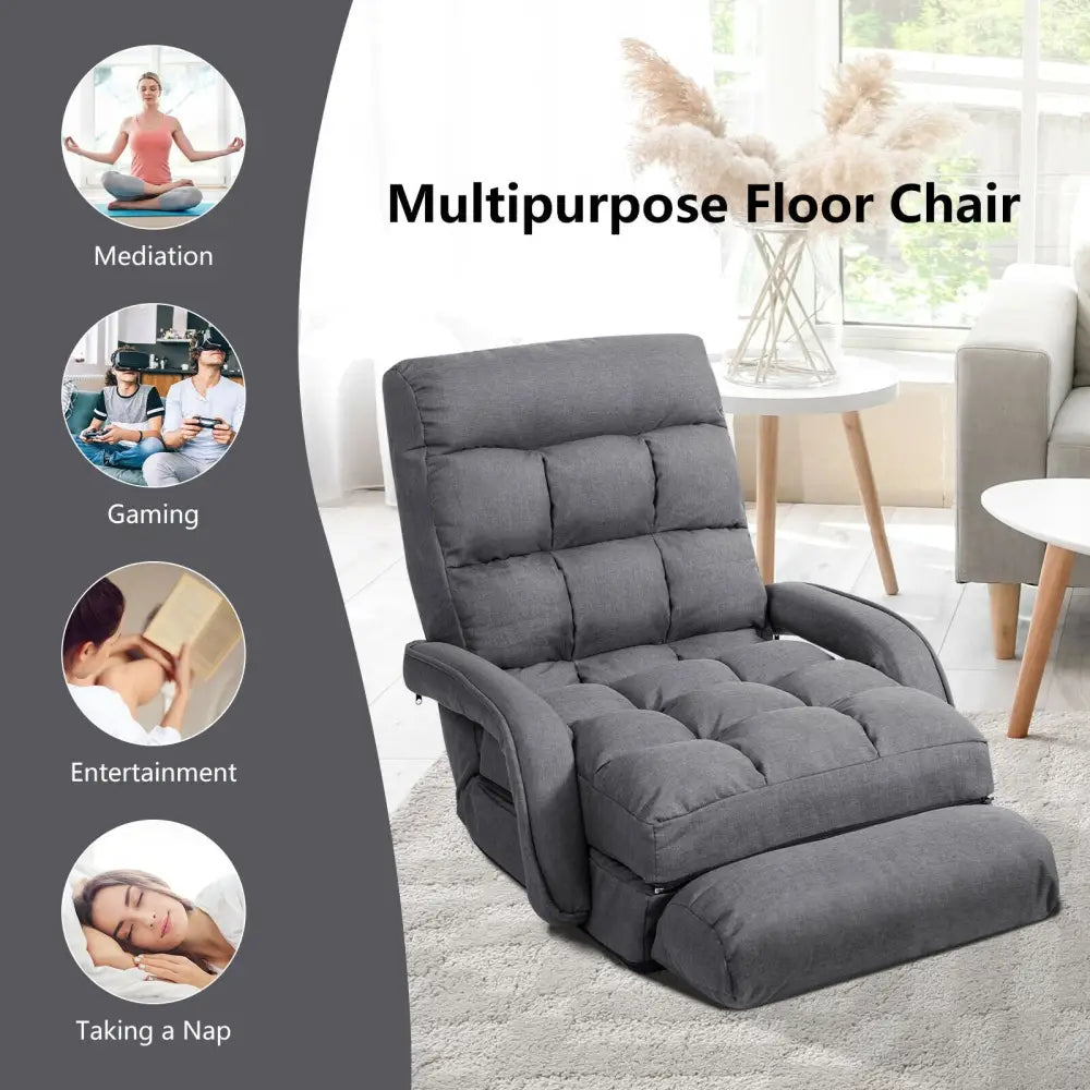 Folding Lazy Floor Chair Sofa with Armrests and Pillow-Gray - Gray - Floor Chairs