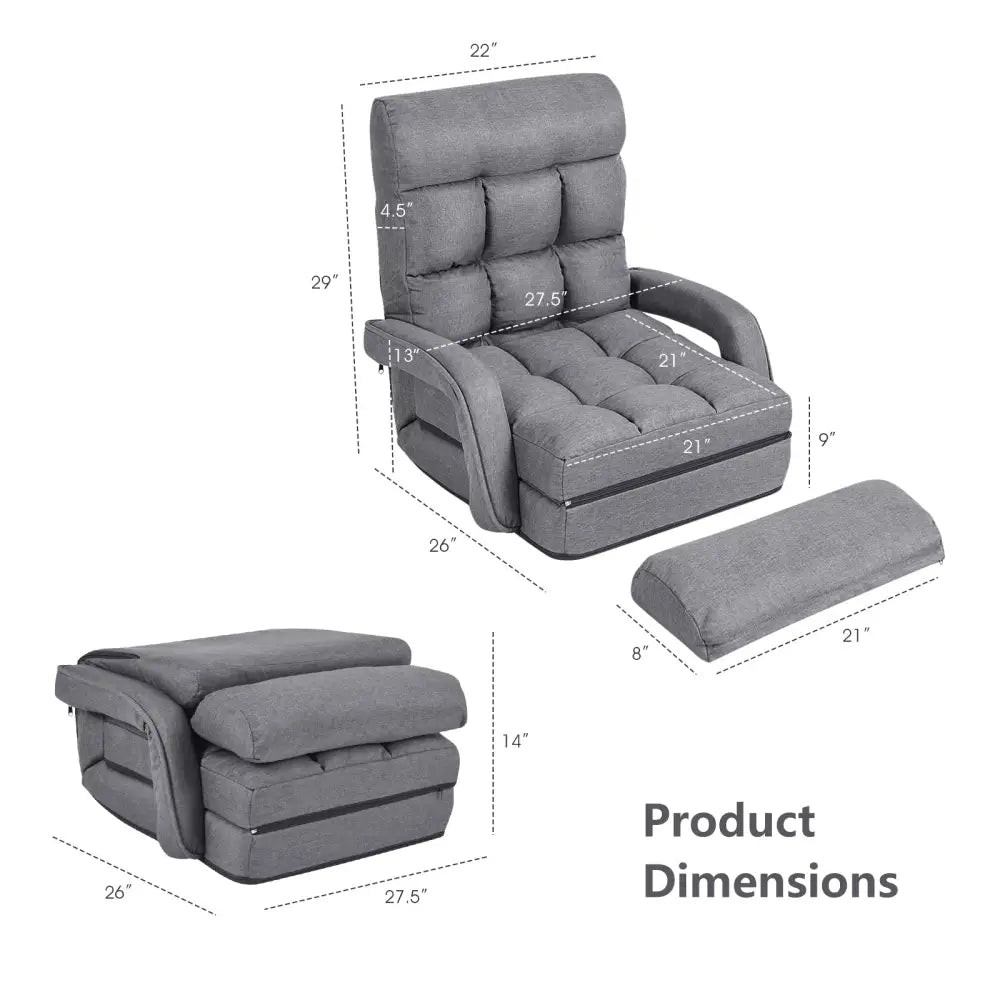 Folding Lazy Floor Chair Sofa with Armrests and Pillow-Gray - Gray - Floor Chairs