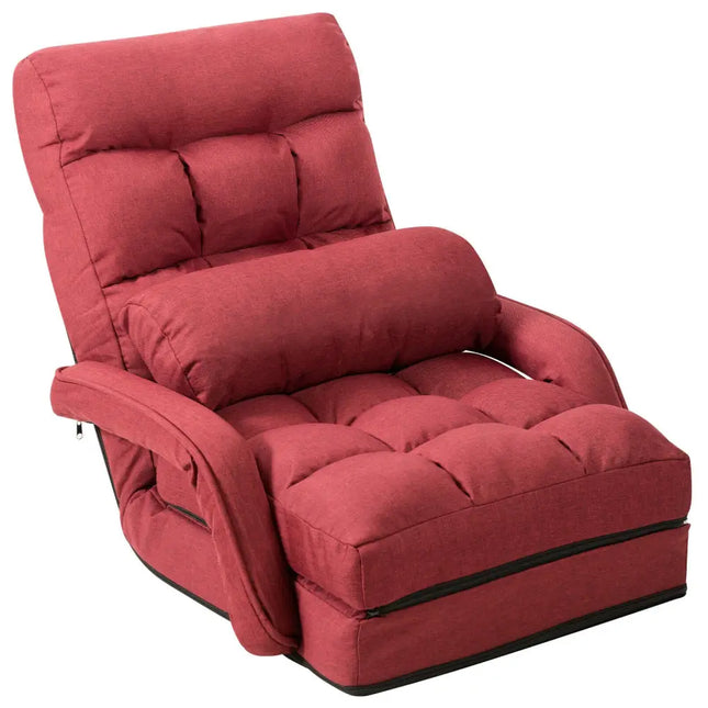 Folding Lazy Floor Chair Sofa with Armrests and Pillow-Red - Red - Floor Chairs