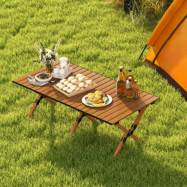 Folding Lightweight Aluminum Camping Table with Wood Grain-L - Natural - Camping Furniture