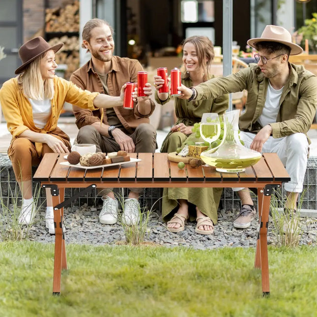 Folding Lightweight Aluminum Camping Table with Wood Grain-M - Natural - Camping Furniture