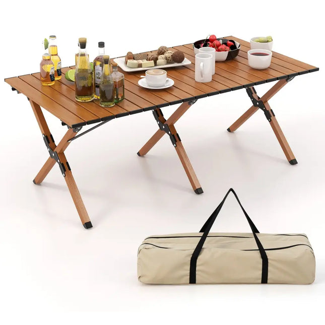 Folding Lightweight Aluminum Camping Table with Wood GrainL - Natural - Camping Furniture