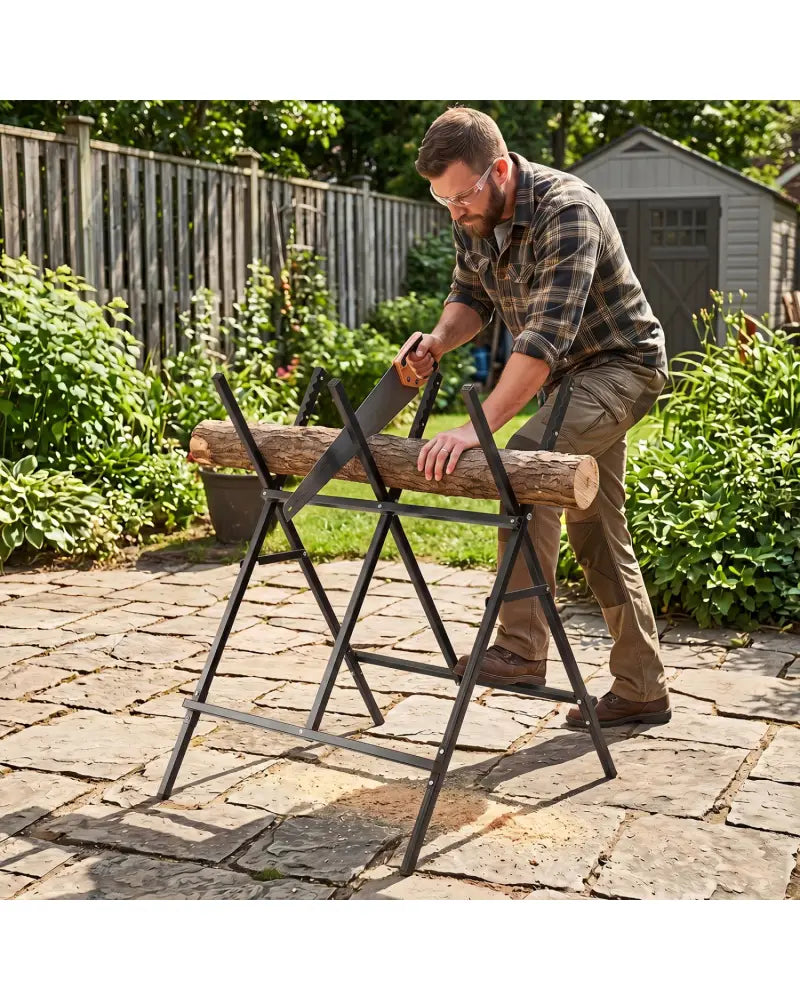 Folding Log Saw Horse with Anti-Slip Sawteeth and Non-Slip Foot Pads Heavy Duty-Black - Black - Garages