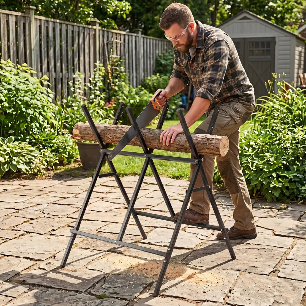 Folding Log Saw Horse with Anti-Slip Sawteeth and Non-Slip Foot Pads Heavy Duty-Black - Black - Garages