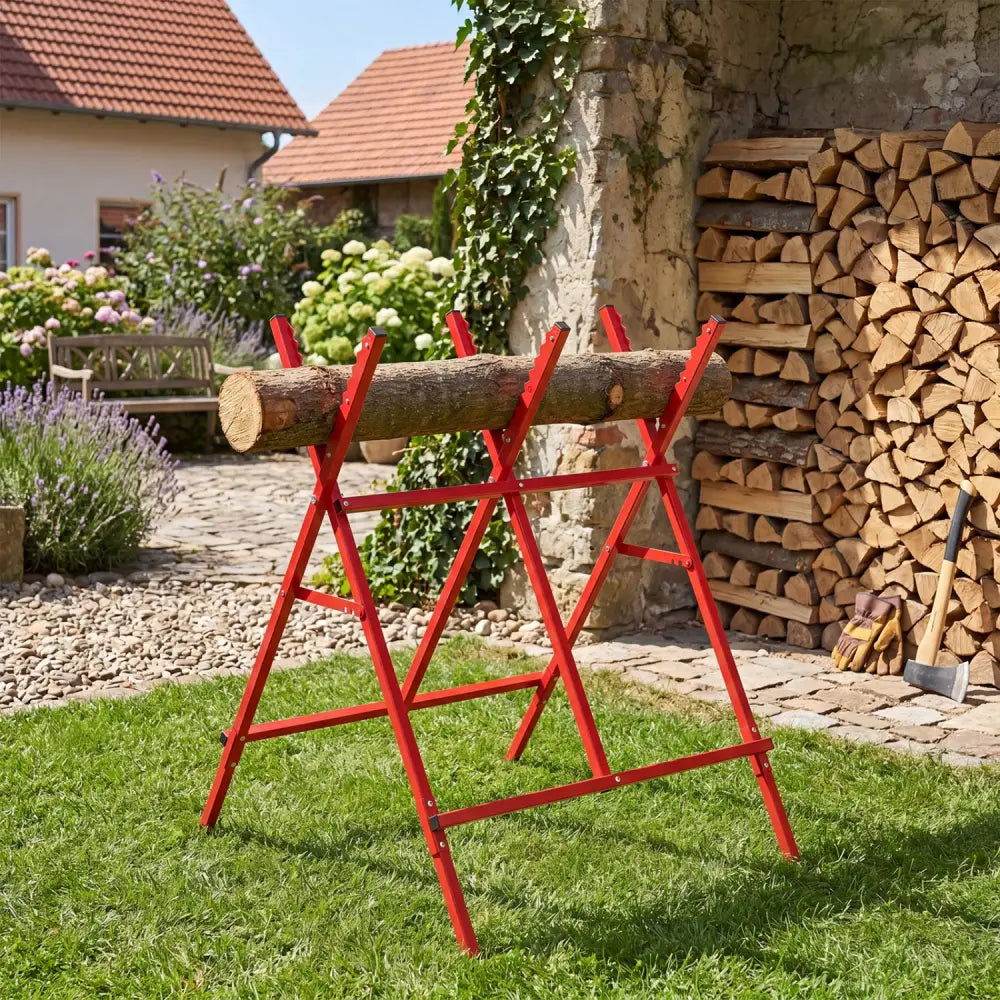Folding Log Saw Horse with Anti-Slip Sawteeth and Non-Slip Foot Pads Heavy Duty-Red - Red - Garages