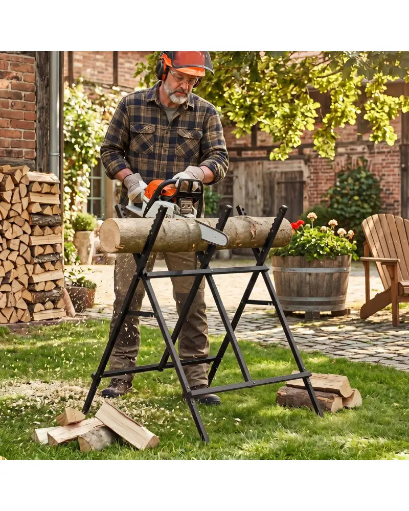 Folding Log Saw Horse with Anti-Slip Sawteeth and Non-Slip Foot Pads Heavy Duty-Black - Black - Garages