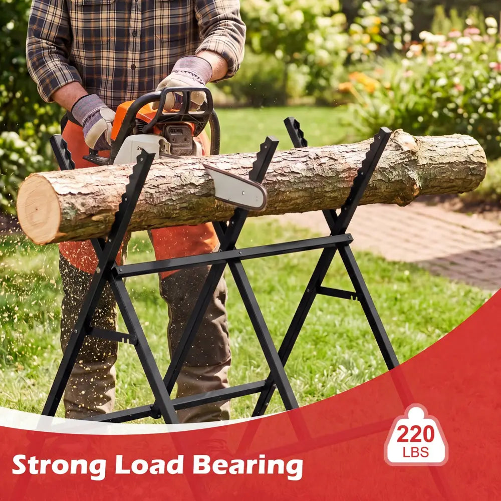 Folding Log Saw Horse with Anti-Slip Sawteeth and Non-Slip Foot Pads Heavy Duty-Black - Black - Garages