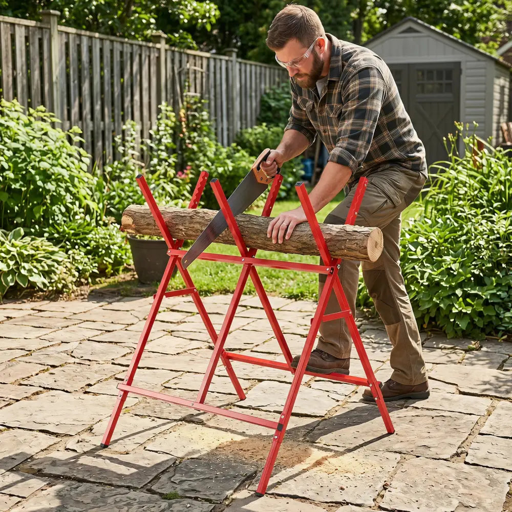 Folding Log Saw Horse with Anti-Slip Sawteeth and Non-Slip Foot Pads Heavy Duty-Red - Red - Garages