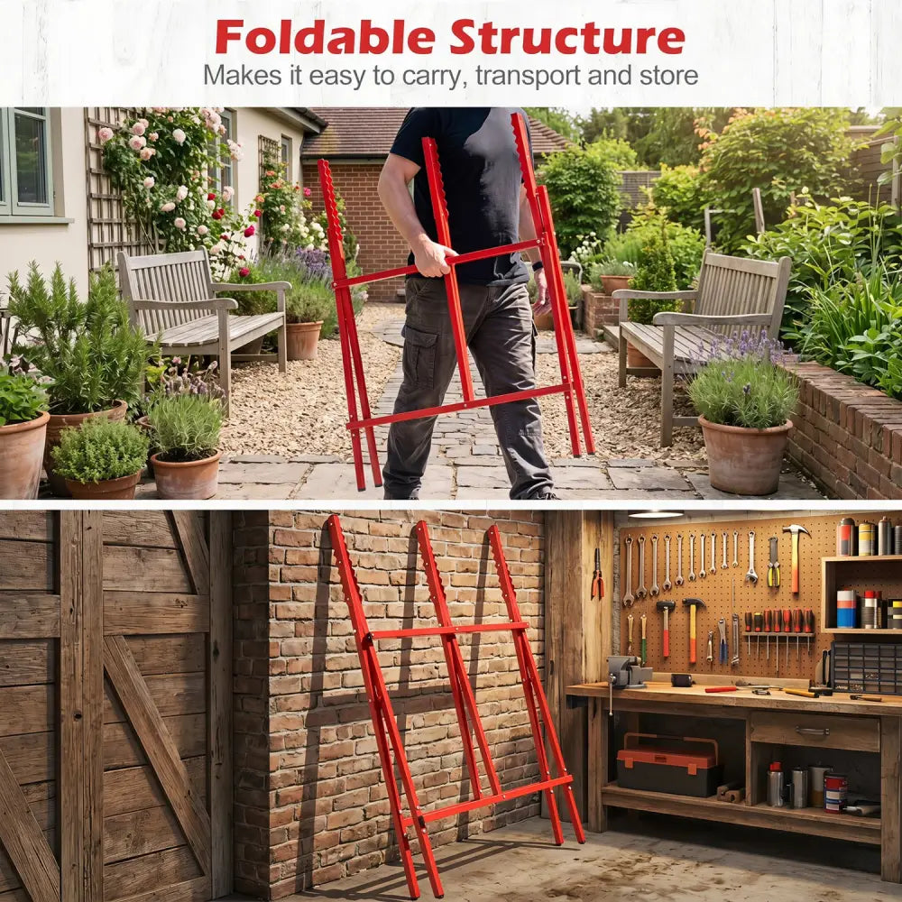 Folding Log Saw Horse with Anti-Slip Sawteeth and Non-Slip Foot Pads Heavy Duty-Red - Red - Garages