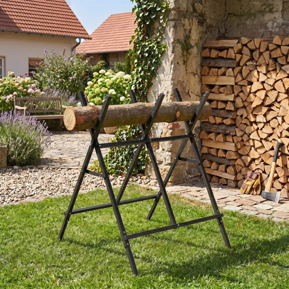 Folding Log Saw Horse with Anti-Slip Sawteeth and Non-Slip Foot Pads Heavy Duty-Black - Black - Garages