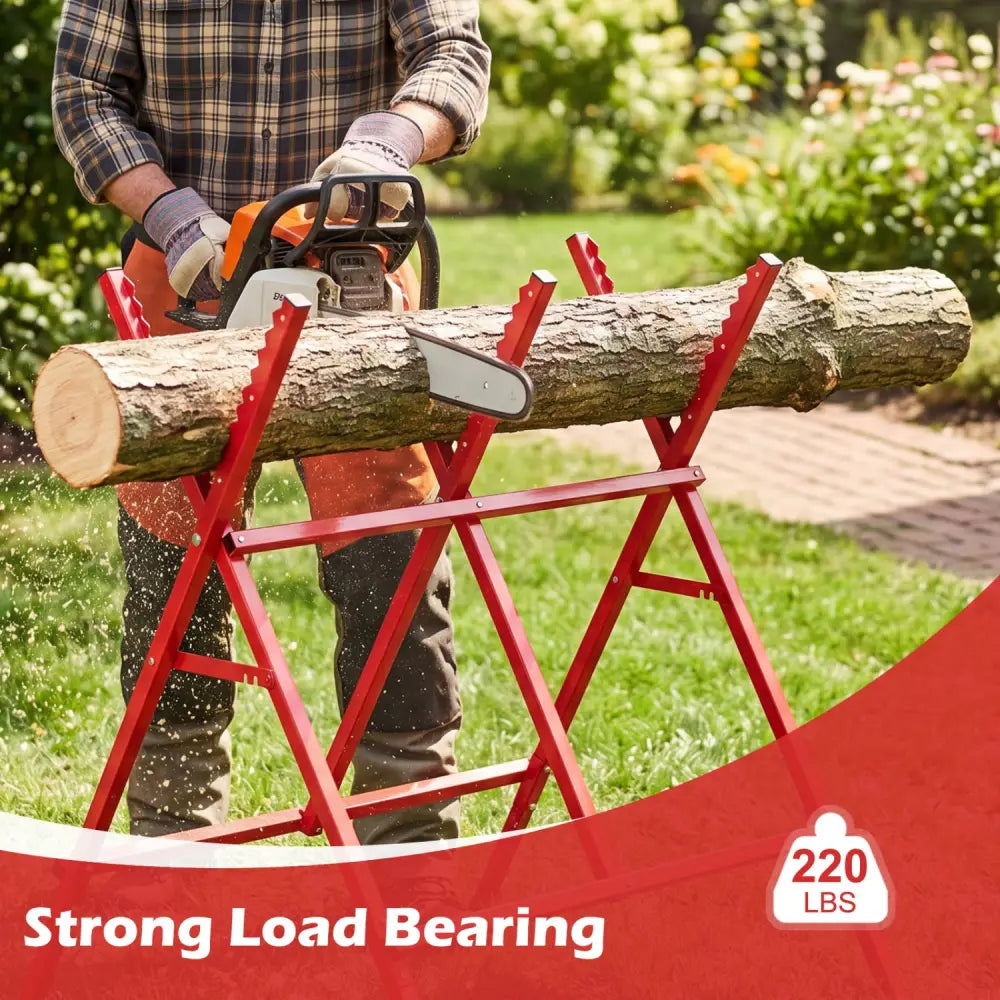 Folding Log Saw Horse with Anti-Slip Sawteeth and Non-Slip Foot Pads Heavy Duty-Red - Red - Garages