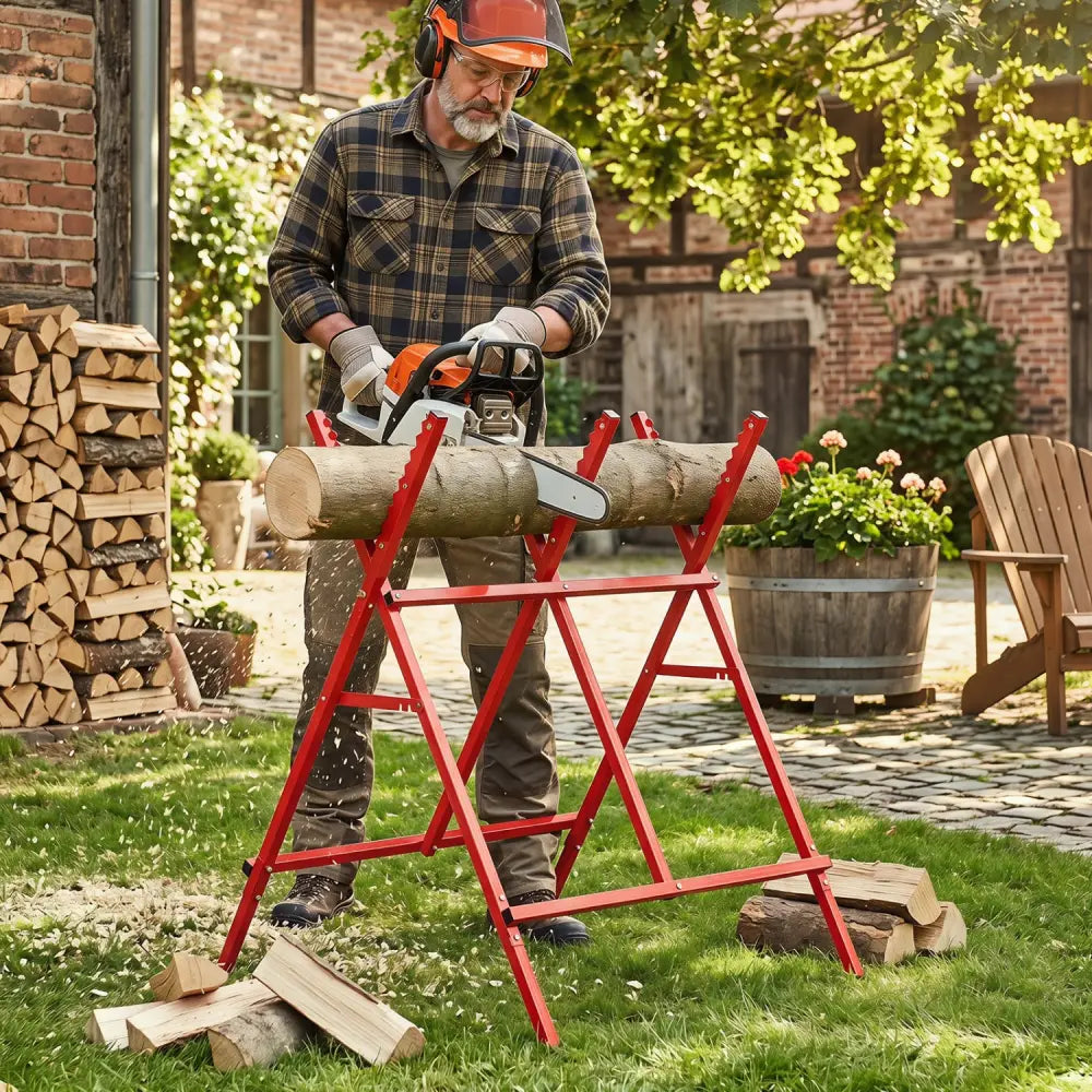 Folding Log Saw Horse with Anti-Slip Sawteeth and Non-Slip Foot Pads Heavy Duty-Red - Red - Garages
