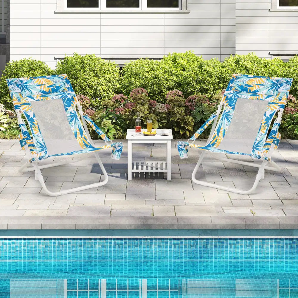 Folding Low Beach Chair Set of 2 Patio Sling Chairs with Padded Head Pillow-Blue - Blue - Outdoor Benches