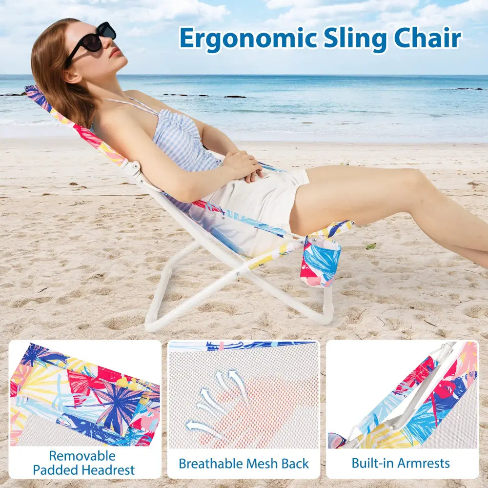 Folding Low Beach Chair Set of 2 Patio Sling Chairs with Padded Head Pillow-Pink - Pink - Outdoor Benches