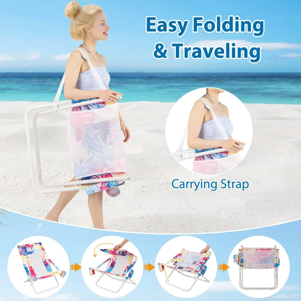 Folding Low Beach Chair Set of 2 Patio Sling Chairs with Padded Head Pillow-Pink - Pink - Outdoor Benches