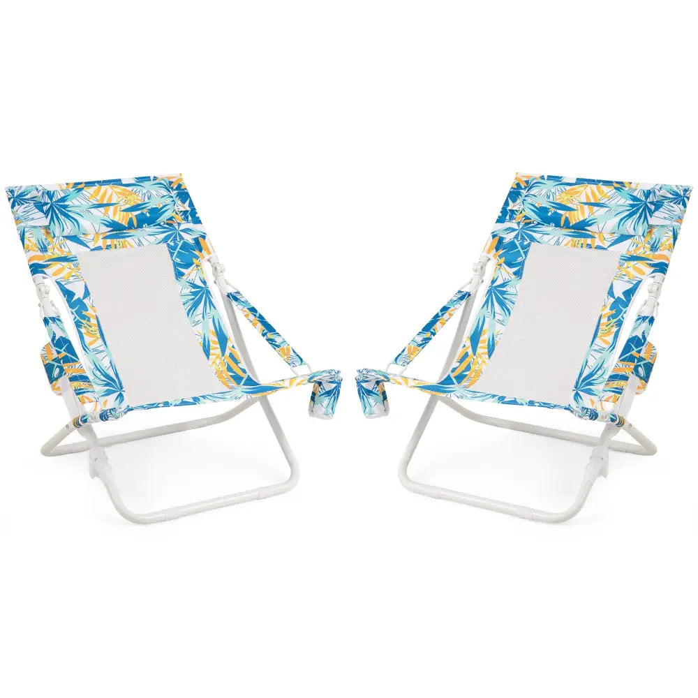 Folding Low Beach Chair Set of 2 Patio Sling Chairs with Padded Head Pillow-Blue - Blue - Outdoor Benches