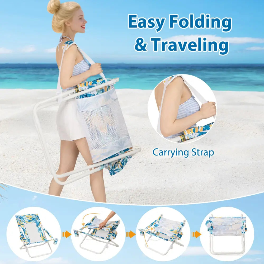 Folding Low Beach Chair Set of 2 Patio Sling Chairs with Padded Head Pillow-Blue - Blue - Outdoor Benches