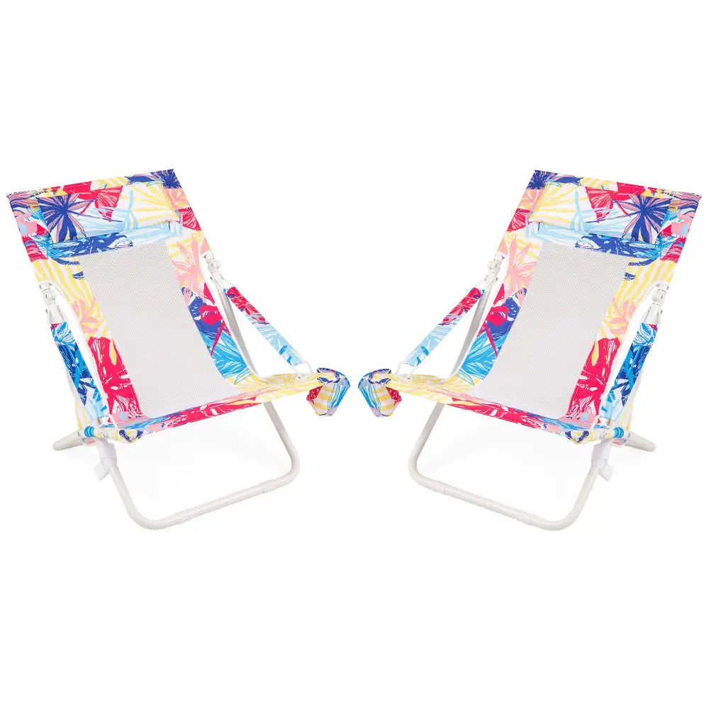 Folding Low Beach Chair Set of 2 Patio Sling Chairs with Padded Head Pillow-Pink - Pink - Outdoor Benches