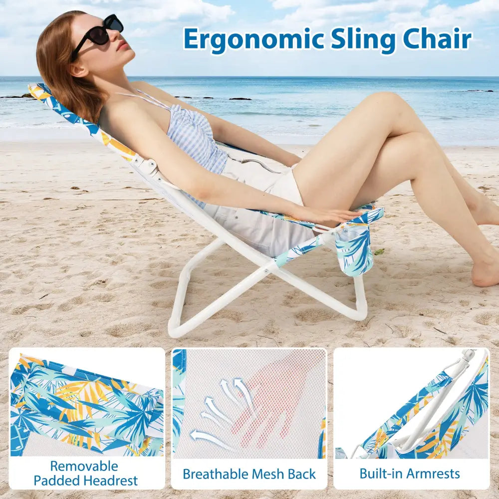 Folding Low Beach Chair Set of 2 Patio Sling Chairs with Padded Head Pillow-Blue - Blue - Outdoor Benches