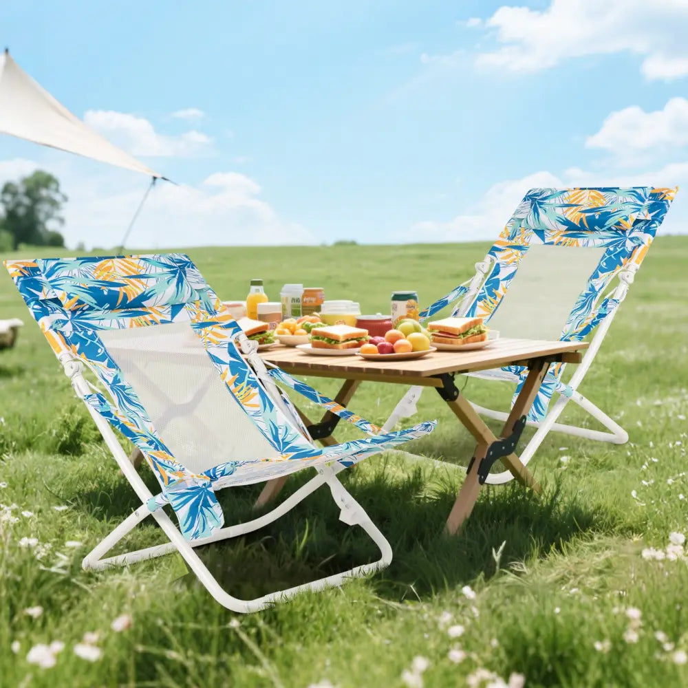 Folding Low Beach Chair Set of 2 Patio Sling Chairs with Padded Head Pillow-Blue - Blue - Outdoor Benches