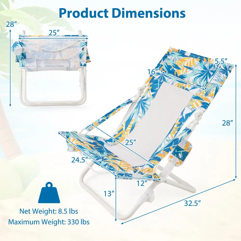 Folding Low Beach Chair Set of 2 Patio Sling Chairs with Padded Head Pillow-Blue - Blue - Outdoor Benches