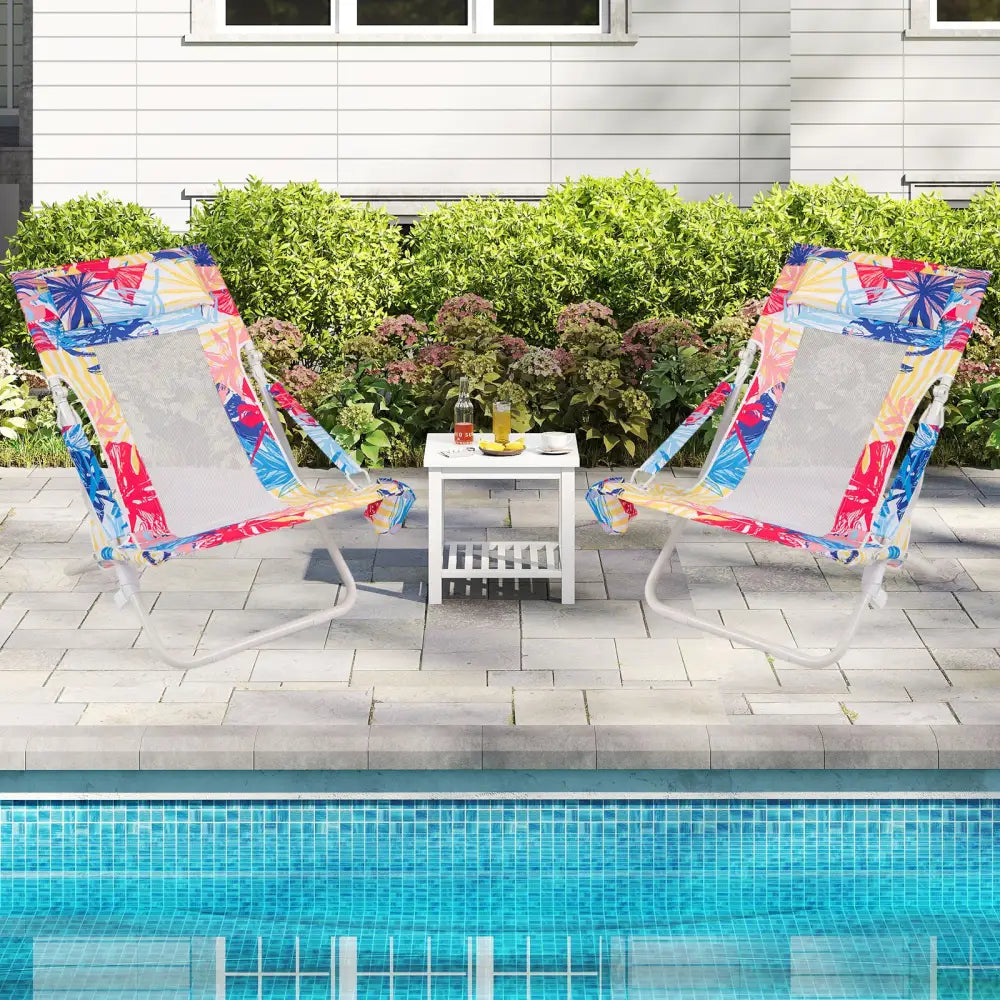 Folding Low Beach Chair Set of 2 Patio Sling Chairs with Padded Head Pillow-Pink - Pink - Outdoor Benches