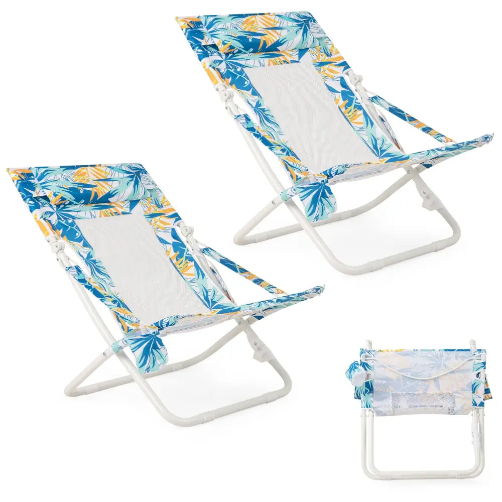 Folding Low Beach Chair Set of 2 Patio Sling Chairs with Padded Head Pillow-Blue - Blue - Outdoor Benches