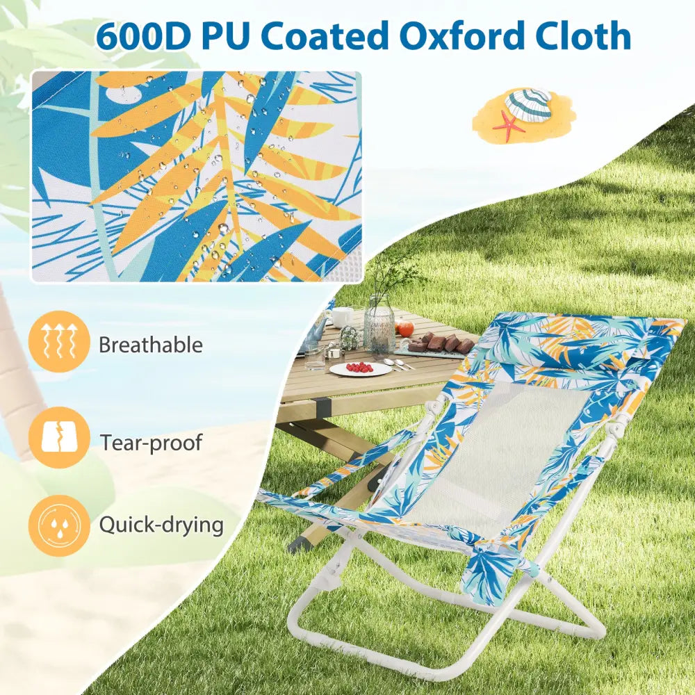 Folding Low Beach Chair Set of 2 Patio Sling Chairs with Padded Head Pillow-Blue - Blue - Outdoor Benches