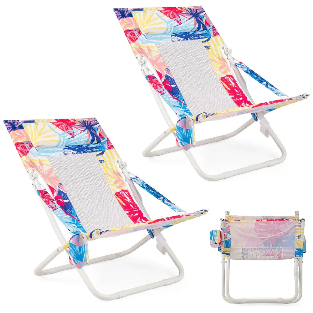 Folding Low Beach Chair Set of 2 Patio Sling Chairs with Padded Head Pillow-Pink - Pink - Outdoor Benches