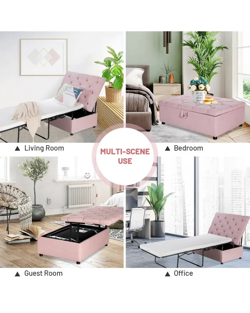 Folding Ottoman Sleeper Bed with Mattress for Guest Bed and Office Nap-Pink - Pink - Folding Beds