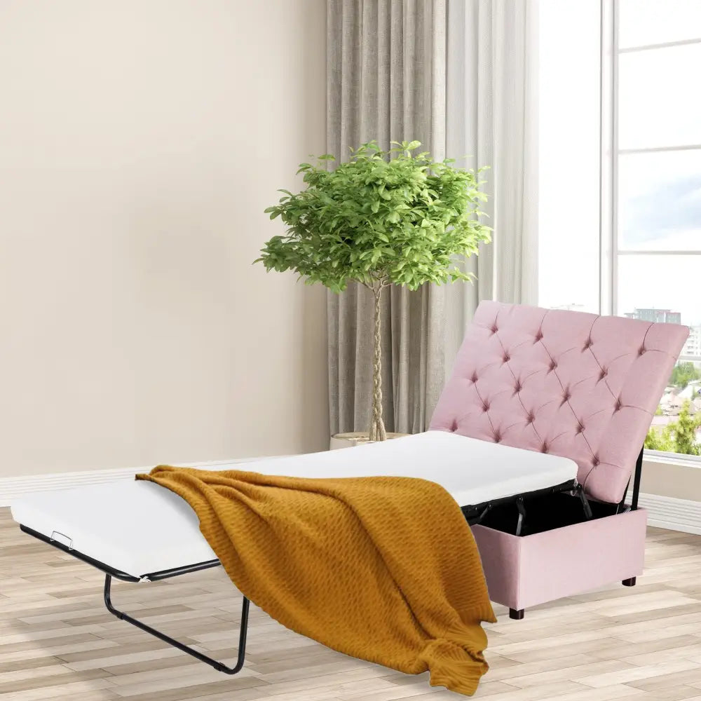 Folding Ottoman Sleeper Bed with Mattress for Guest Bed and Office Nap-Pink - Pink - Folding Beds