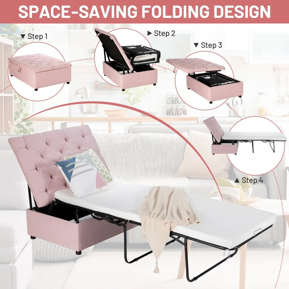Folding Ottoman Sleeper Bed with Mattress for Guest Bed and Office Nap-Pink - Pink - Folding Beds