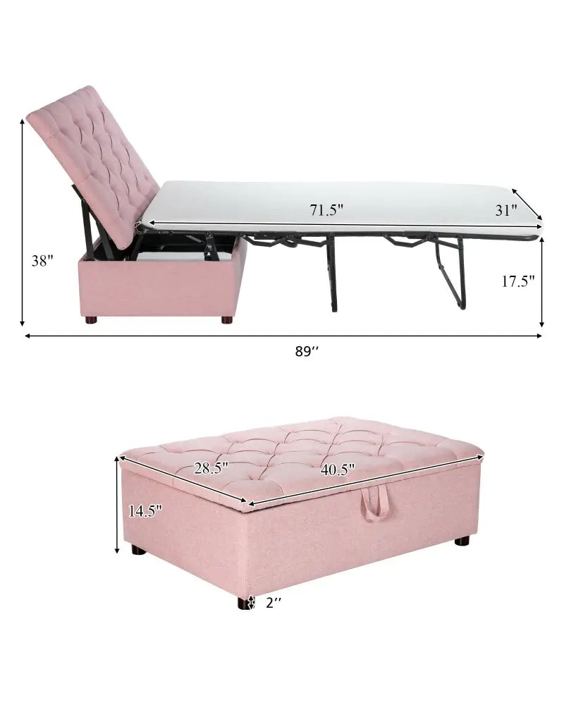 Folding Ottoman Sleeper Bed with Mattress for Guest Bed and Office Nap-Pink - Pink - Folding Beds