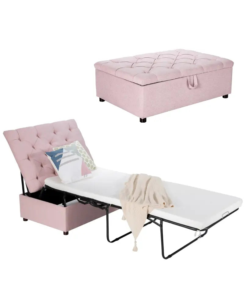 Folding Ottoman Sleeper Bed with Mattress for Guest Bed and Office Nap-Pink - Pink - Folding Beds