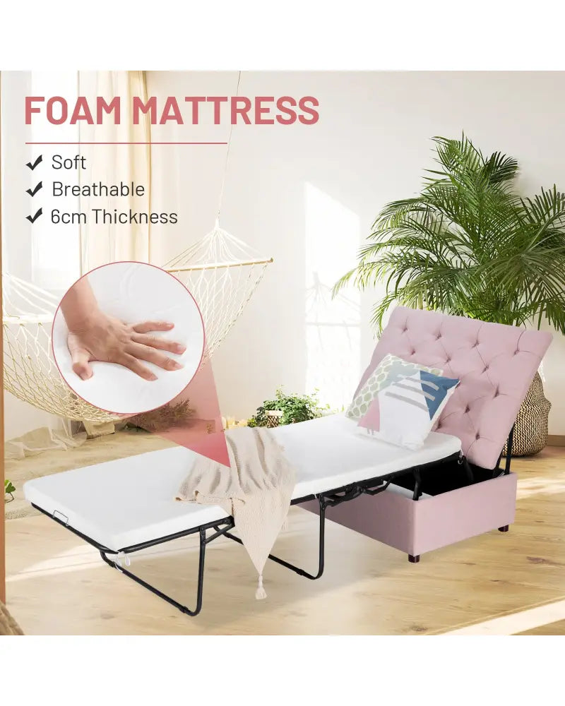 Folding Ottoman Sleeper Bed with Mattress for Guest Bed and Office Nap-Pink - Pink - Folding Beds