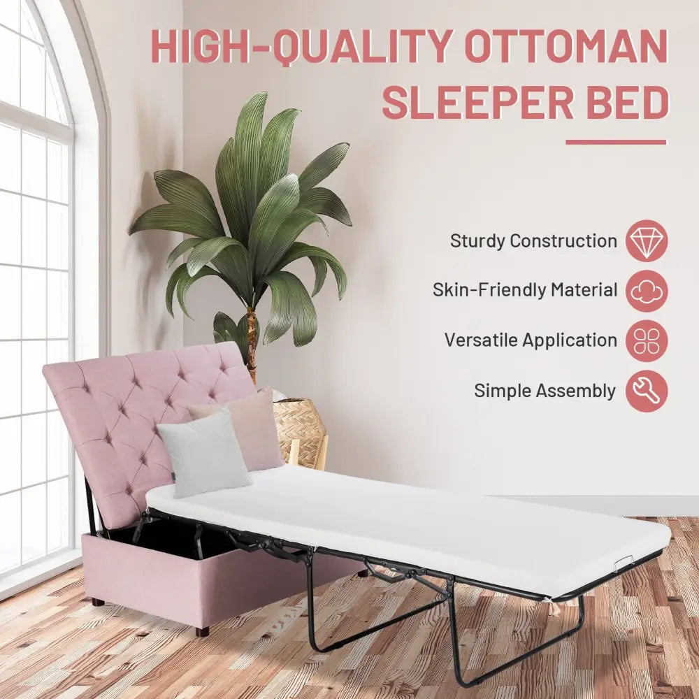 Folding Ottoman Sleeper Bed with Mattress for Guest Bed and Office Nap-Pink - Pink - Folding Beds