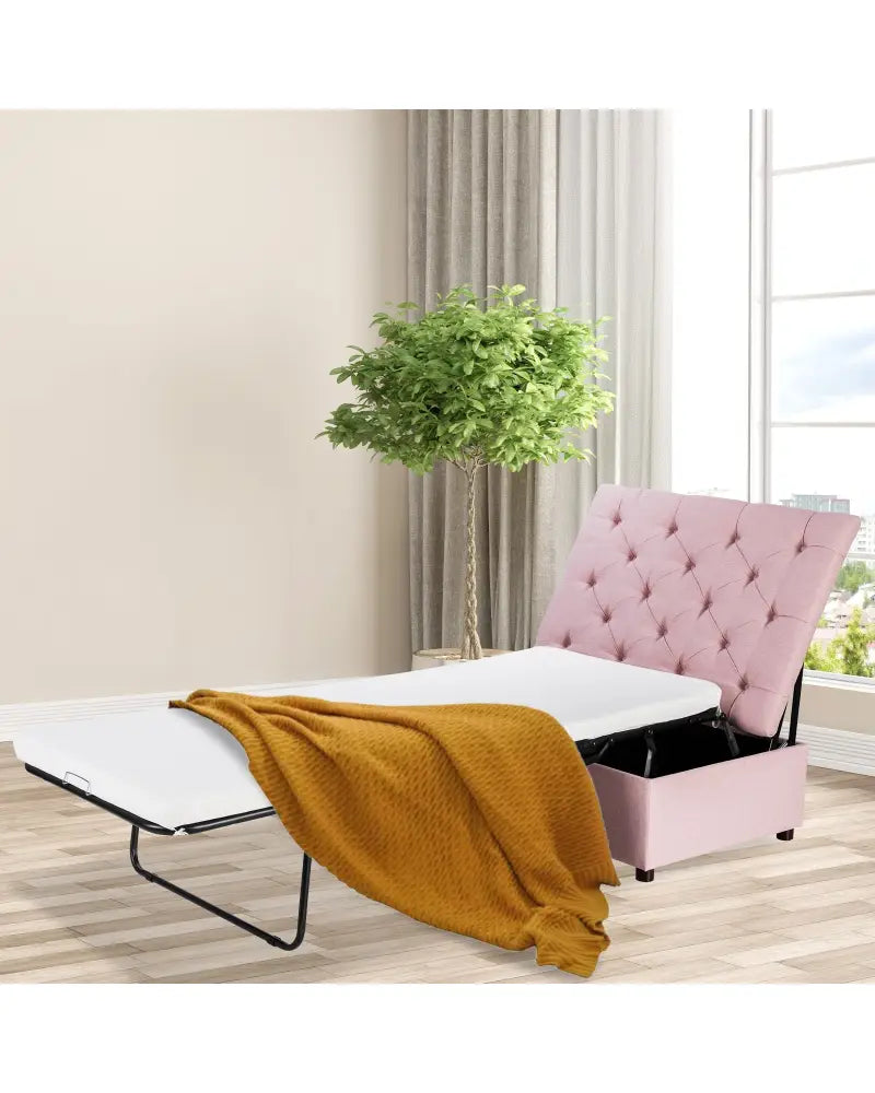 Folding Ottoman Sleeper Bed with Mattress for Guest Bed and Office Nap-Pink - Pink - Folding Beds