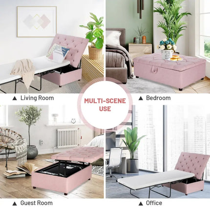 Folding Ottoman Sleeper Bed with Mattress for Guest Bed and Office Nap-Pink - Pink - Folding Beds