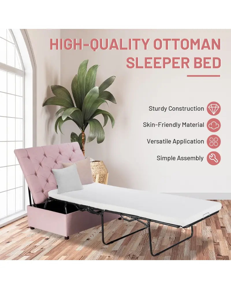 Folding Ottoman Sleeper Bed with Mattress for Guest Bed and Office Nap-Pink - Pink - Folding Beds